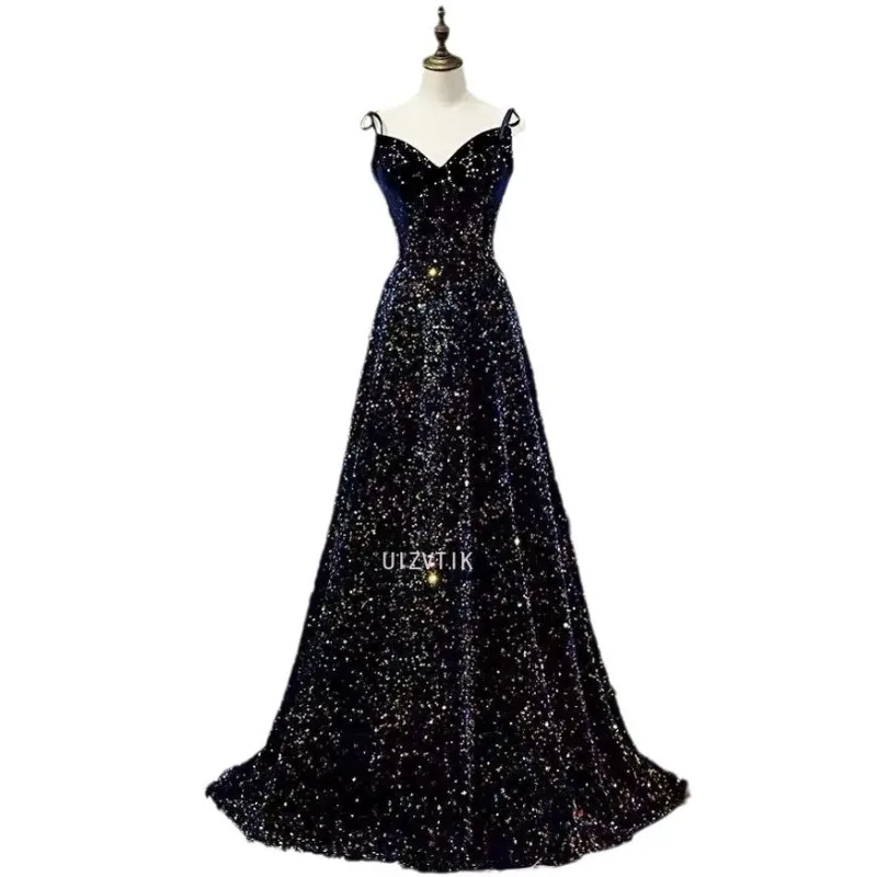 Vestidos de noite personalizados femininos, lantejoulas pretas, alça sgaphetti, renda até o chão, plus size, vestido formal de festa feminino