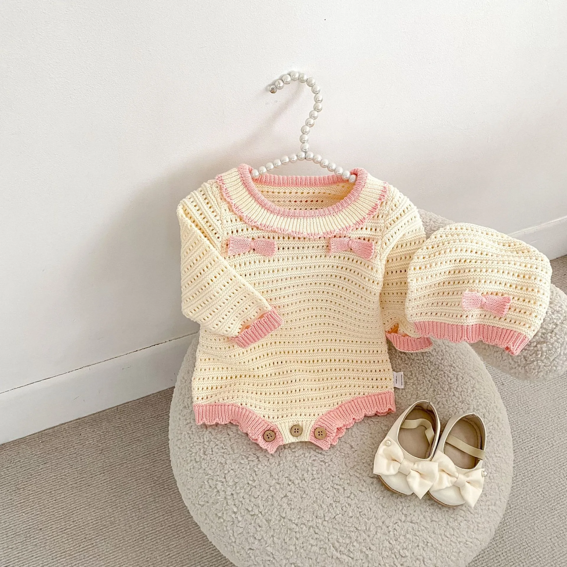 2026 Autumn New Baby Girl Sweet Bow Knitted Bodysuit + Hat Infant Long Sleeve Hollowed Out Jumpsuit Newborn Clothes 0-24M