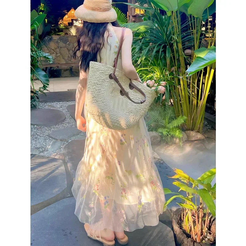 

Spring New Sling Heavy Embroidery Floral Mesh Dress Summer Seaside Vacation Fairy Dress White Elegant Dress Women Beach Dresses