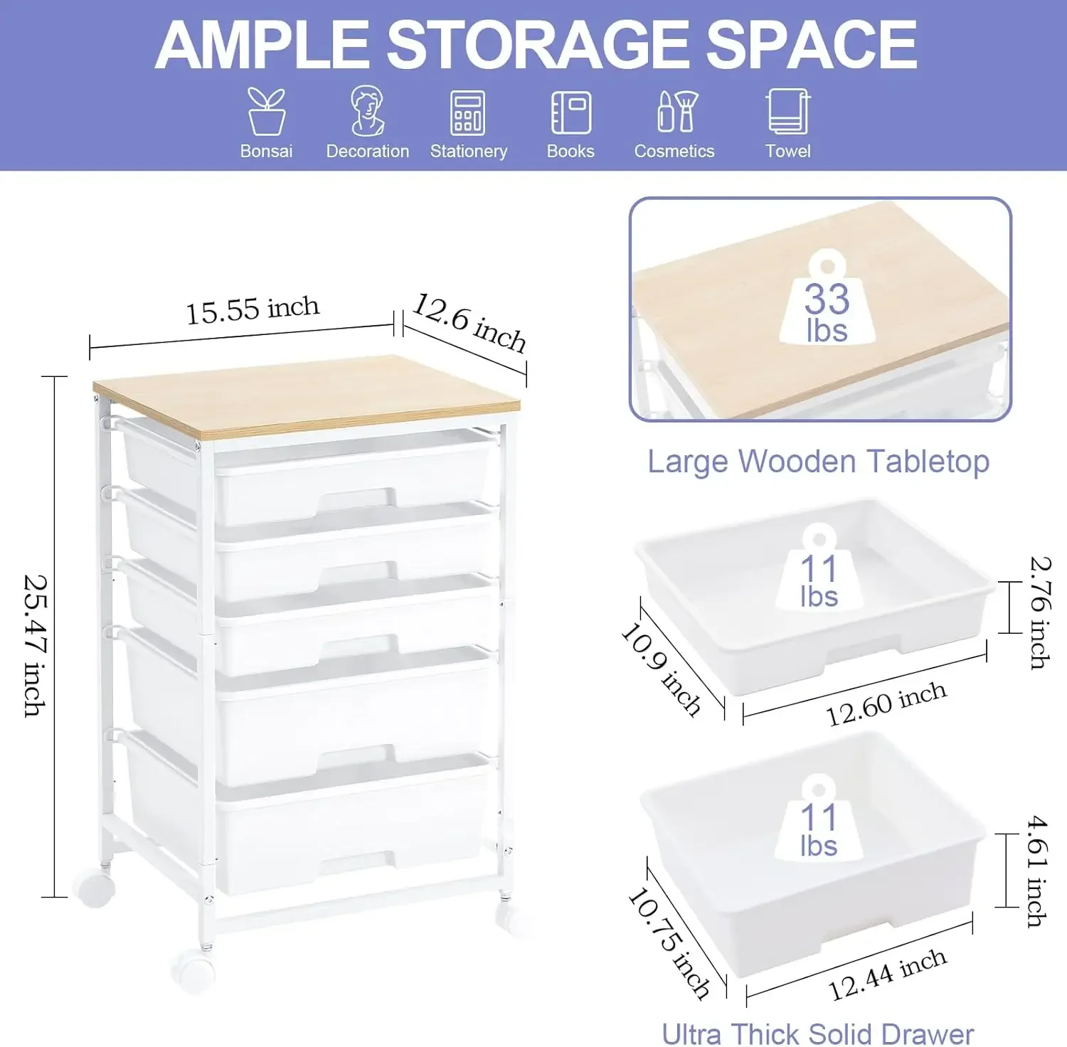 Utility Cart with 5 Drawers,Storage Drawer Cart with Wooden Tabletop and Lockable Wheels,Craft Storage Trolley Cart,