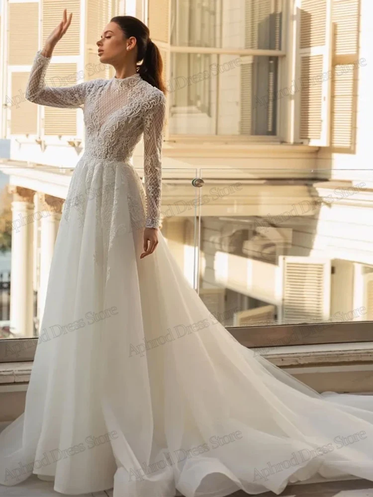 Vestidos de casamento vintage para mulheres tule em camadas vestidos de noiva mangas completas rendas apliques glamourosos vestidos de novia personalizado