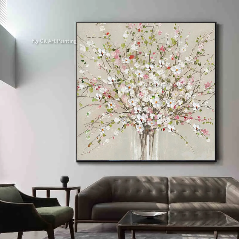 New Design Handpaited Colorful Flowers Vase Thick Oil Painting Modern Beige Blooming Florals Canvas Artwork For Home Decor