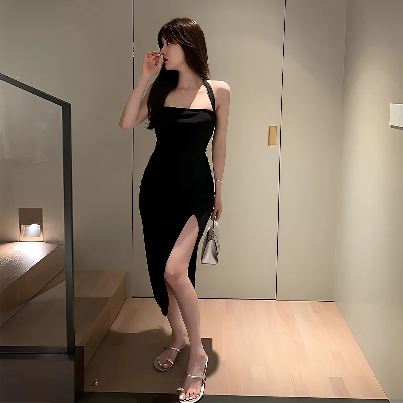 Robe Camisole élégante sans bretelles pour filles, couleur unie, Slim, fendue, sac de hanche, fente mi-longue, robes d'été