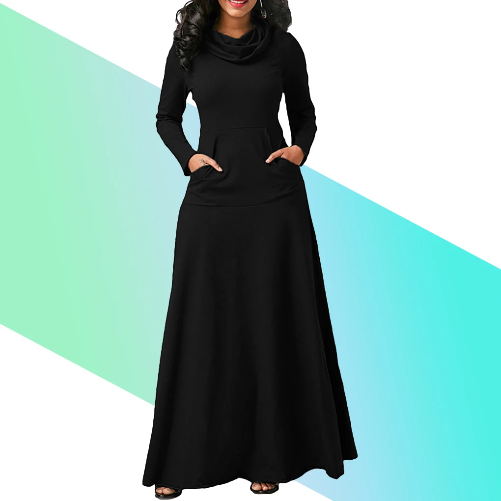 Abito lungo da donna tinta unita tasca notte costume da festa, nero, L