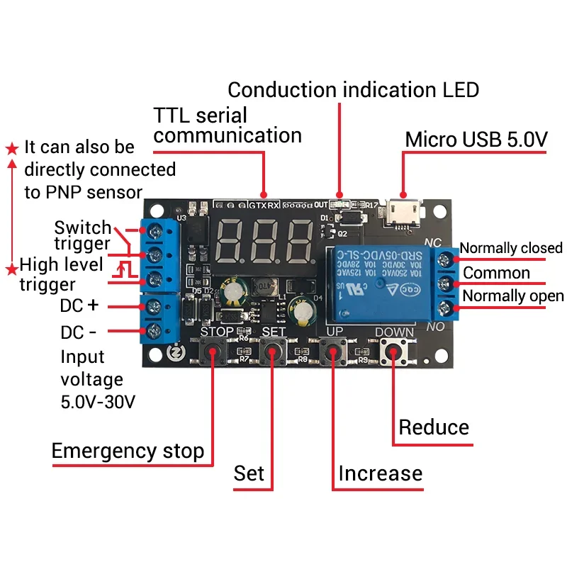 ZK-TD2 1 Channel DC 5 -30V Trigger Delay On/Off Cycle Timer Relay Switch Module with Digital LED Display Micro USB 0.1s -999min