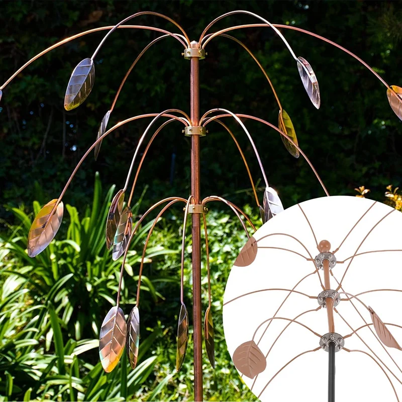 Kinetic Copper Triple Spinner - Falling Foliage Kinetic Wind Sculpture Dual Spinner - Dancing Willow Leaves