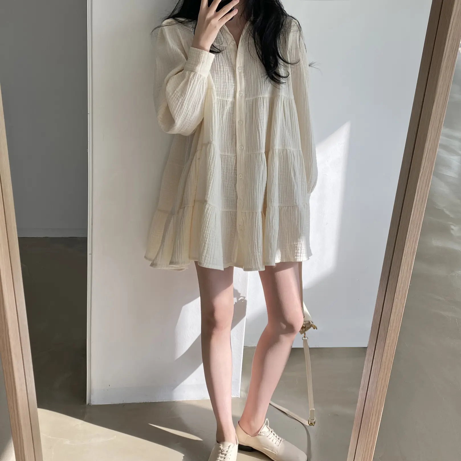 Retro Chic Long Sleeve Loose Women's Dress  Collar Single Button Doll Style Spring Autumn Fashion Slimming A-Line Skirt