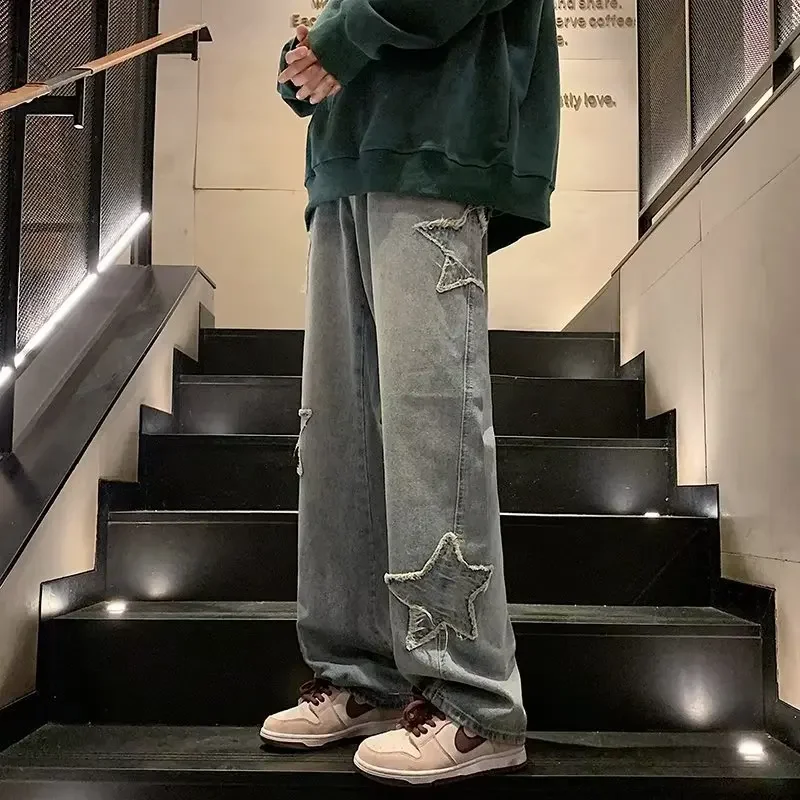 جينز رجالي عصري موديل 2025 بنطال جينز فضفاض مستقيم من قماش الدنيم موضة الهيب هوب ملابس خروج فضفاضة عتيقة للرجال