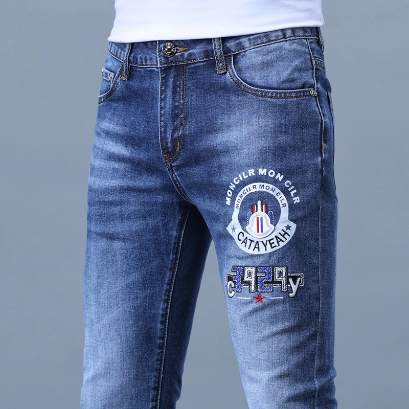 2024 light luxury high-end tide brand casual trousers spring and summer men's embroidery elastic small straight men's jeans