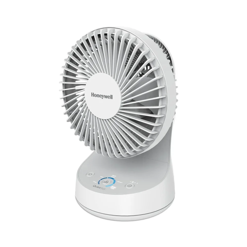 QuietSet 9 Inch Oscillating Table Fan with 5 Speeds Auto Off Timer Quiet Operation Easy Transport Small Room Cooling