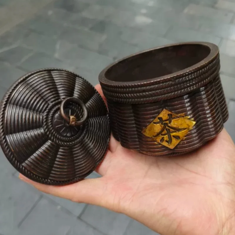 Antique Copper Gilded Collection Relief Tea Jar Imitation Bamboo Weaving Craft Home Tea Ceremony Ornament Vintage Decor