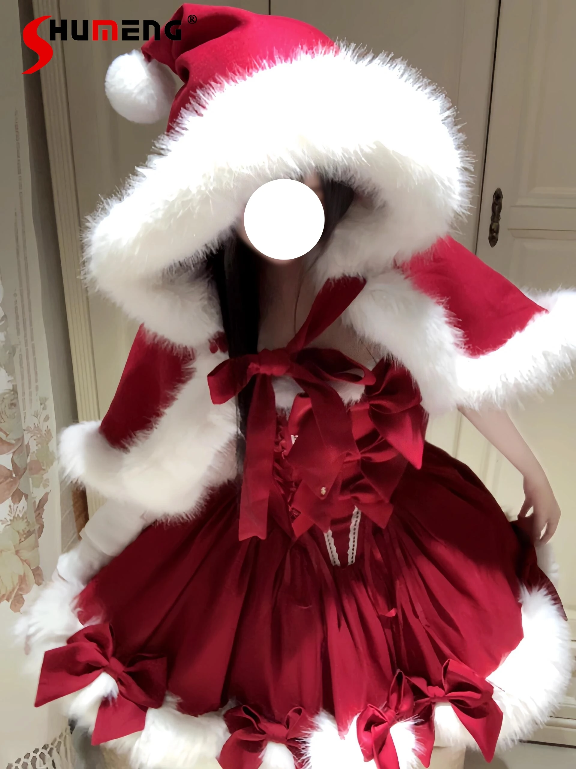 

New Year Christmas Lolita Dress Cloak 2-Piece Set Winter New Sweet Girl Hooded Shawl Coat Girls Cute Bow High Waist JSK Dress