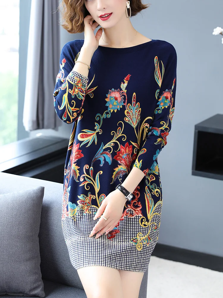 

Print Long Sweater Dress Autumn Fashion Long Sleeve Pullovers Knitwear Jumper Pull Knitted Sweater Women