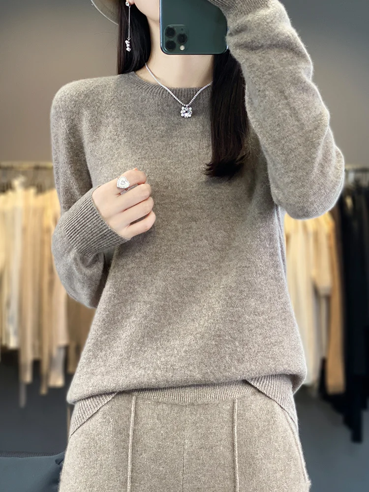 Casual feminino outono inverno pulôver camisola sólida quente macio o-pescoço 100% lã merino conforto de malha roupas básicas topos