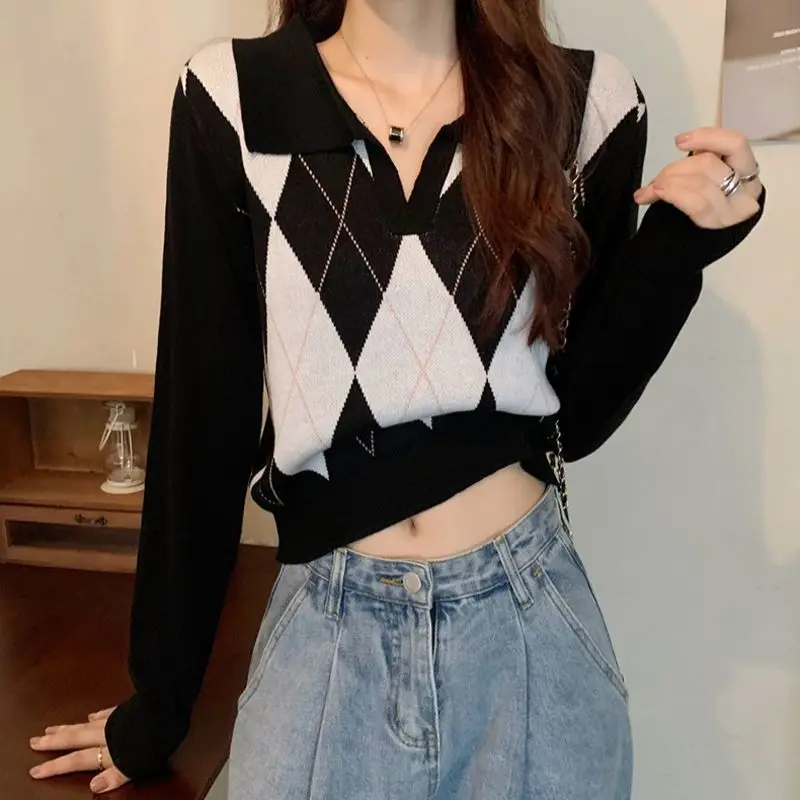 Spring Trend Patchwork Knitting Turn-down Collar Long Sleeve Pullovers Women Clothing Preppy Style Plaid Slim Sweater Femme Tops