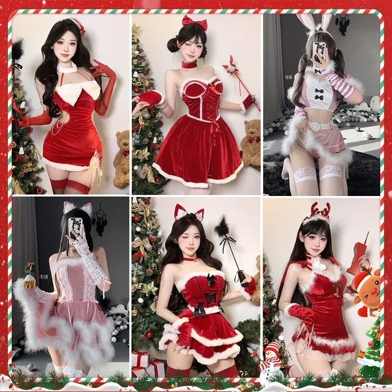 Christmas Party Dress Cosplay Costume Red New Year Uniform Xmas Santa Claus Role Play Outfit Sexy Nightdress Cute Girl Underwear