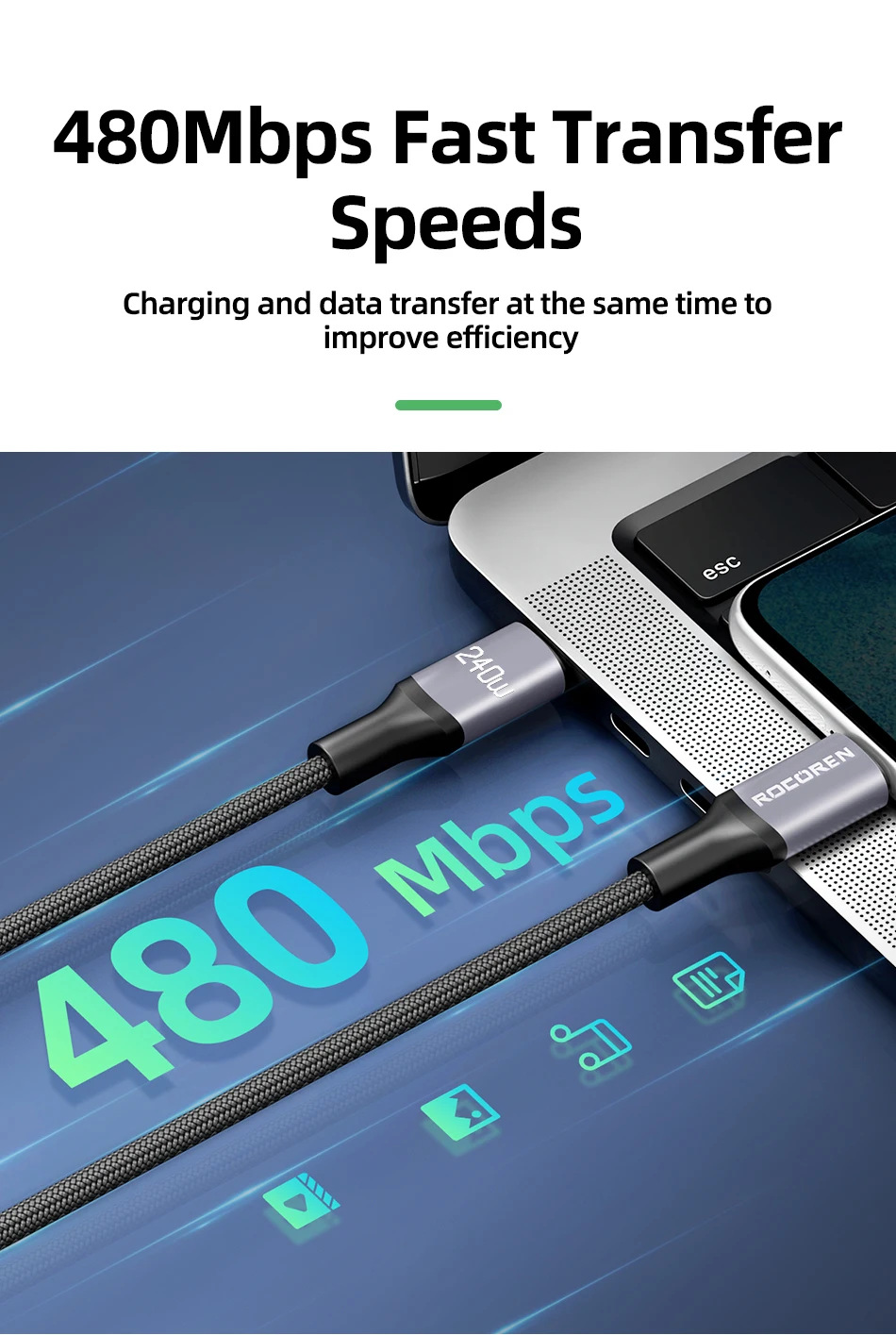 Rocoren 100 W USB C auf Typ C Kabel USB PD 3.1 240 W Schnellladekabel USB-C 5 A TypeC Kabel für iPhone 15 MacBook Samsung – Detail 9