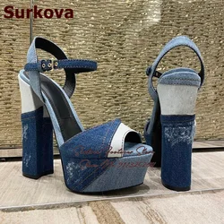 Surkova Blue Denim Color Patchwork Chunky Heel Sandals Women Platform Open Toe Jeans Dress Shoes Buckle Strap Party Block Heels