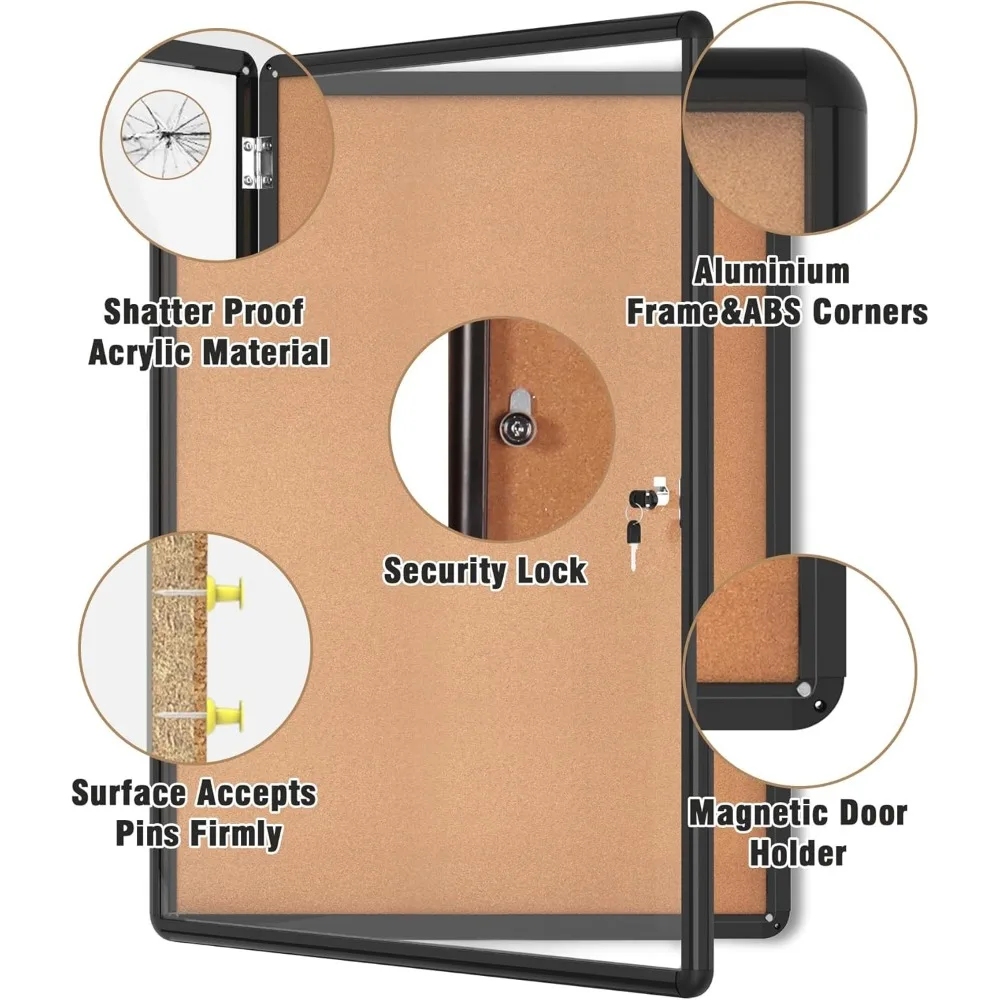 لوحة إعلانات مغلقة، لوحة إعلانات من الفلين الألومنيوم المقاوم للطقس قابلة للقفل للمدرسة والمكتب، إطار أسود مع فلين