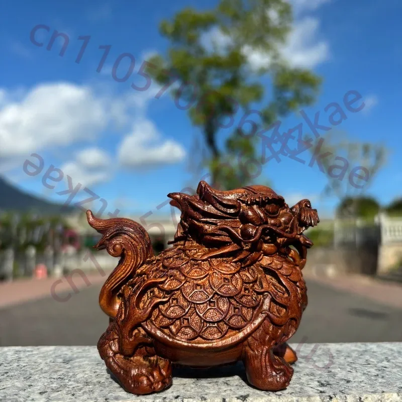 Hand-Carved Jujube Wood Dragon Turtle Statue - 3.9