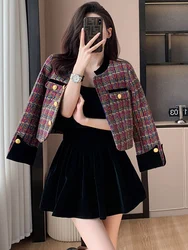 French Vintage Plaid Tweed Two Piece Set Women Short Jacket Coat + Black Velvet Mini Skirt Suits 2024 Fall Winter Elegant Outfit