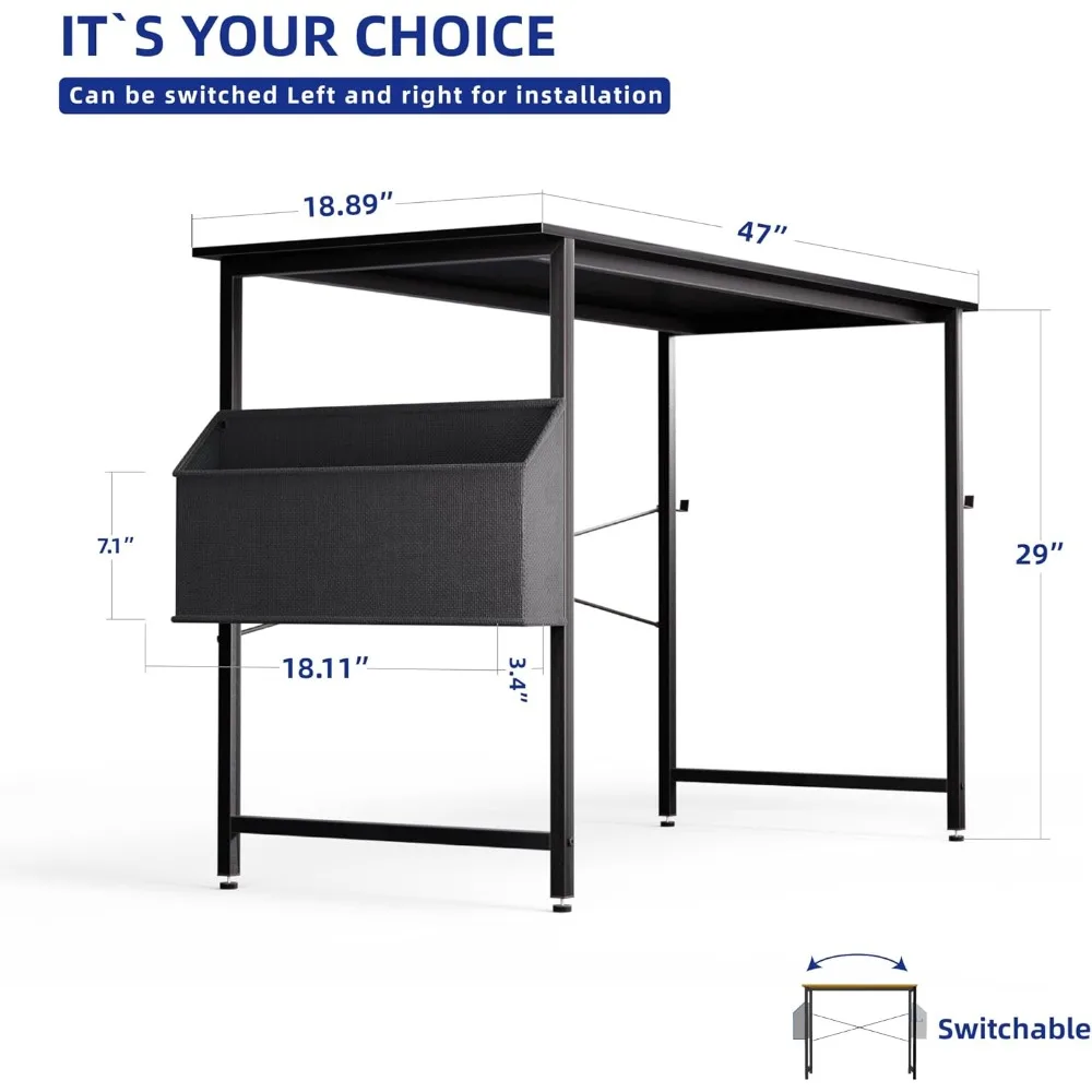 مكتب مدمج مقاس 47 بوصة للمساحات الصغيرة مع مساحة تخزين، ومحطة عمل المكتب المنزلي تتميز بخطاف سماعة الرأس ومنظم لتوفير المساحة