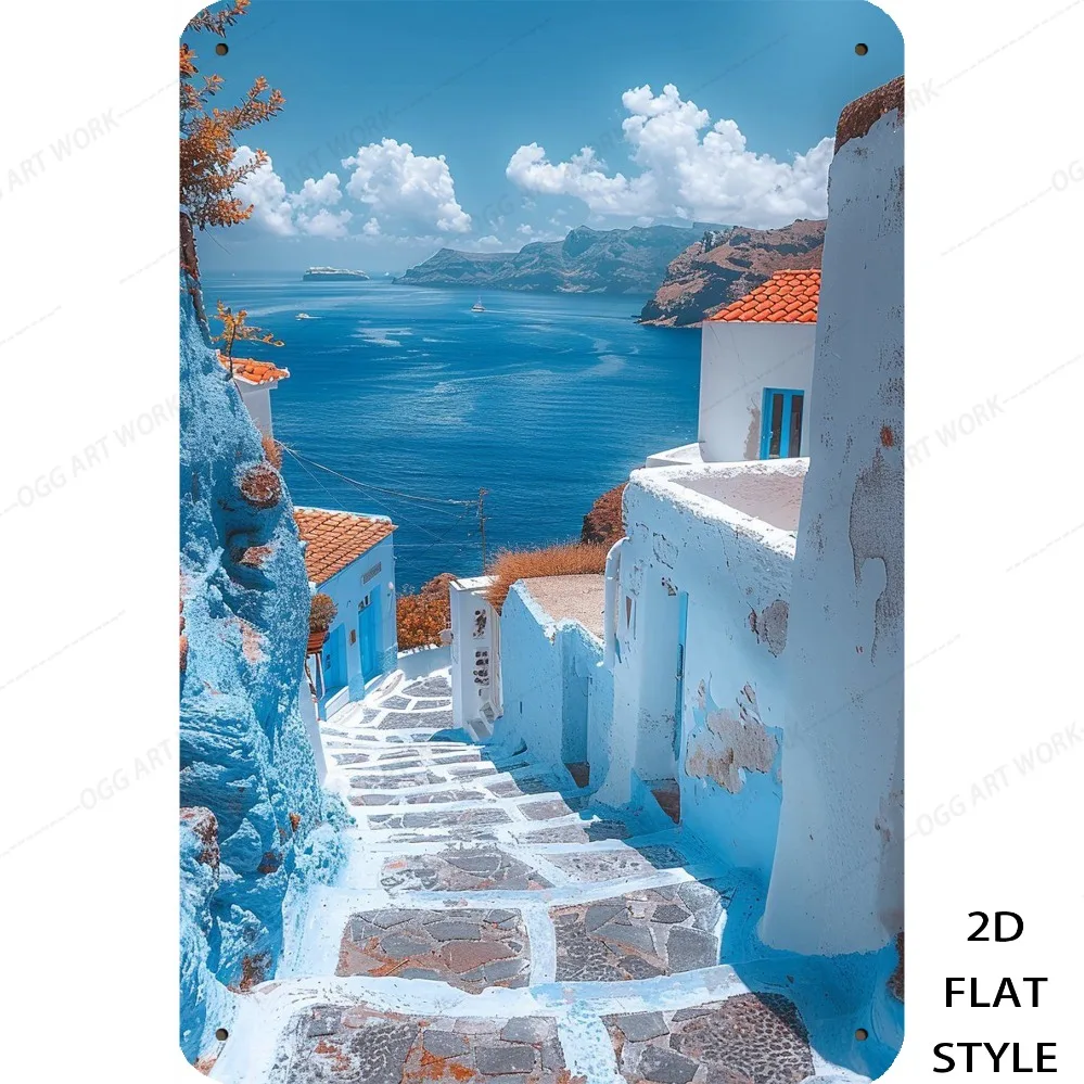 

«Бело-синий дом с видом Эгейского моря в стиле ретро, металлический знак, 8x12 дюймов, идеальный подарок на День святого Валентина для домашнего декора»