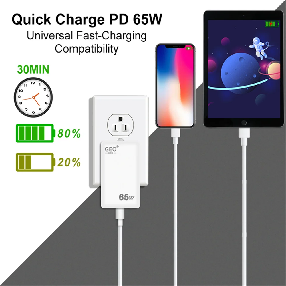 65W GaN Wall Fast Charger Ultra Slim PD Type C Power Adapter Dual Port USB C USB A Wall Charger For Apple MacBook iPad iPhone 15