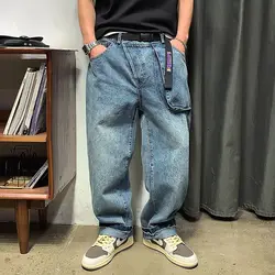 남성용 레트로 대형 포켓 청바지, 루즈 와이드 레그 스트레이트 레그 팬츠, 디자인 센스 니치