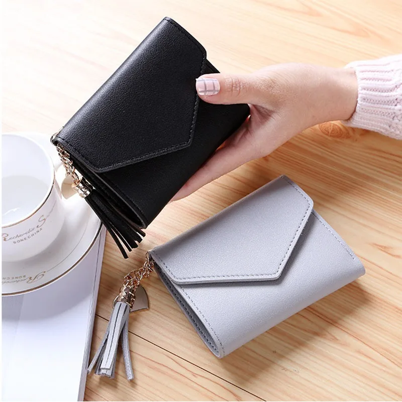 Women Short Tassel PU Leather Wallet Fashion Purse Female Mini Wallets Color Lovely Purse Female Small Folding Wallet for Girls