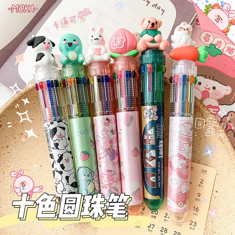 Cartoon ten-color ballpoint pen push-type high-value silicone rebound school supplies multi-color gel pen cute wholesale