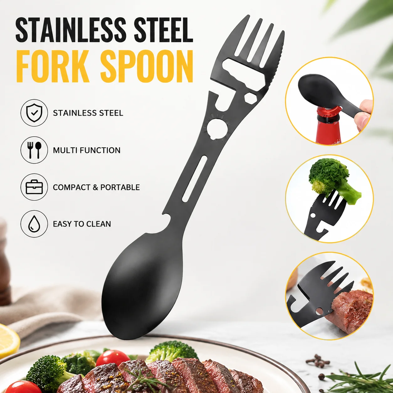 Outdoor Camping World - 3-in-1 Edelstahl Camping-Spork Löffel Gabel Multitool