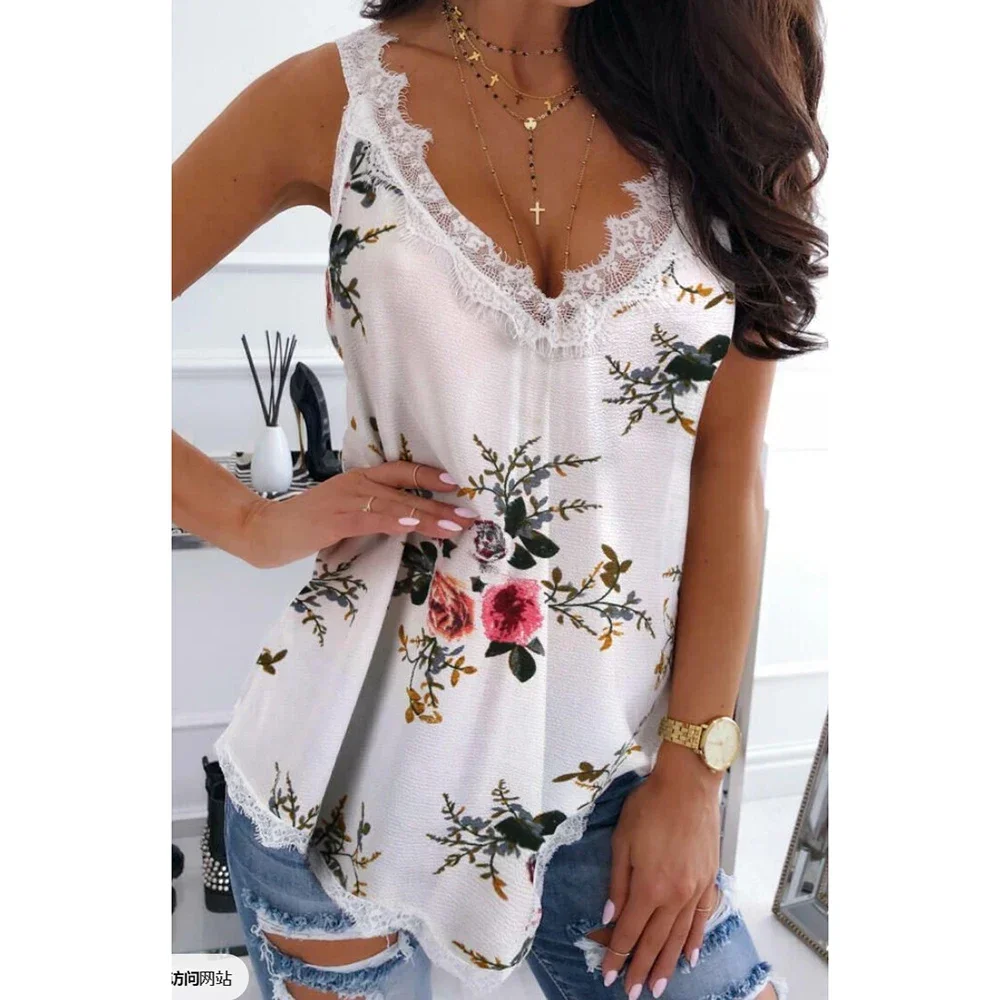 

Женские топы на бретелях больших размеров с кружевным подолом, сексуальные топы без рукавов с v-образным вырезом в стиле ретро и цветочным принтом, летние повседневные топы на бретельках с асимметричным подолом