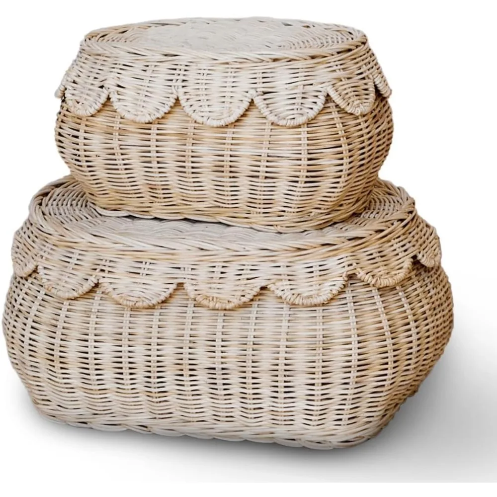 

Hand Woven Rattan Basket Set Scalloped Baskets - Round Wicker Basket - Wicker Storage Basket