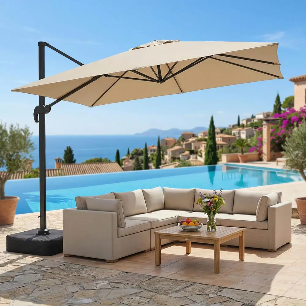 

9' X 12' Patio Umbrella with Base Included, Large Outdoor Cantilever Oset Patio Umbrellas Recular Umbrella with 360-degree Rotat