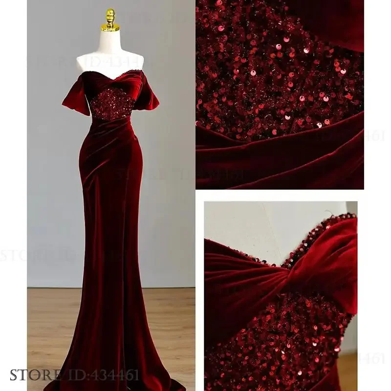 Sexy off-shoulder split galajurk herfst winter nieuwe fluwelen vrouwelijke avondfeestjurk bordeaux slanke zeemeermin maxi-jurk vestidos