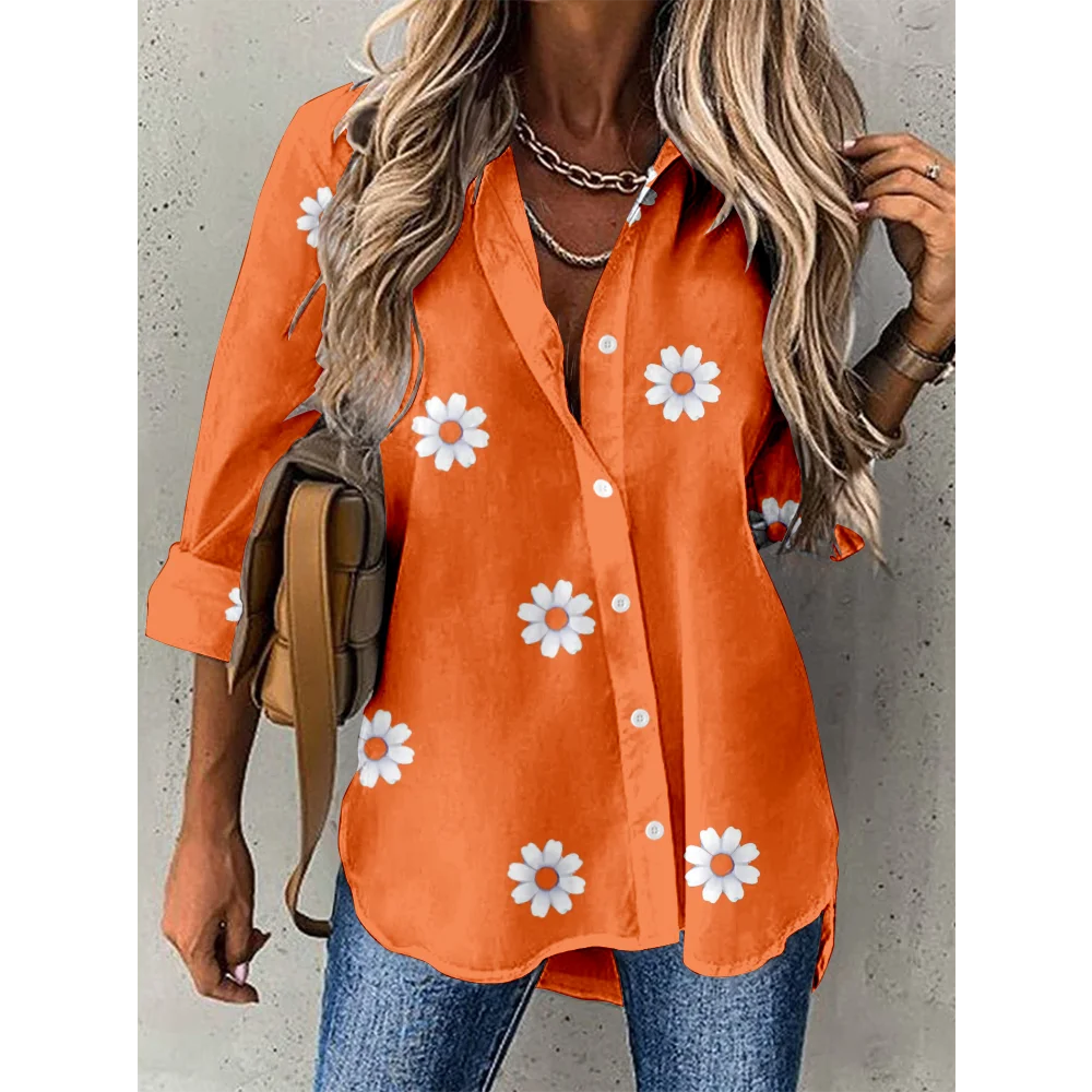 Spring Hawaiian Shirt Women Loose Daisy Flower Print Blouse Women Fashion Beach Tops Autumn Cardigan Long Sleeve Oversize Blusa