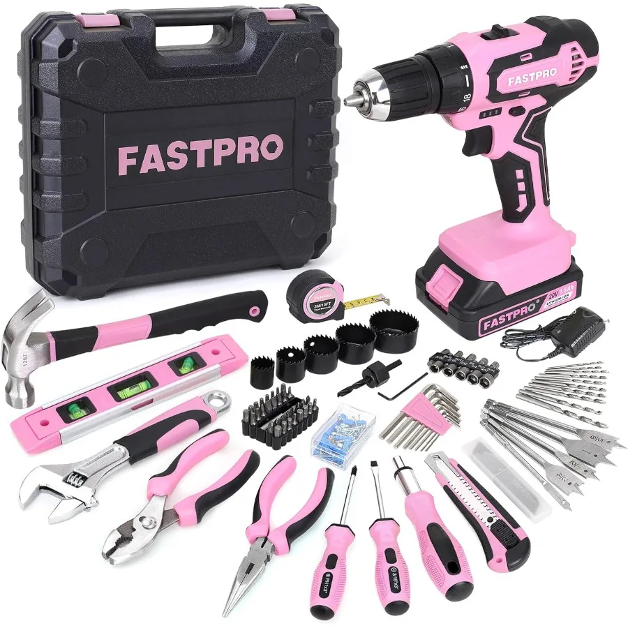20V Cordless Lithium-ion Drill Driver and Tool Set in Pink Storage Case for Home Repairing with 177-Piece Accessories