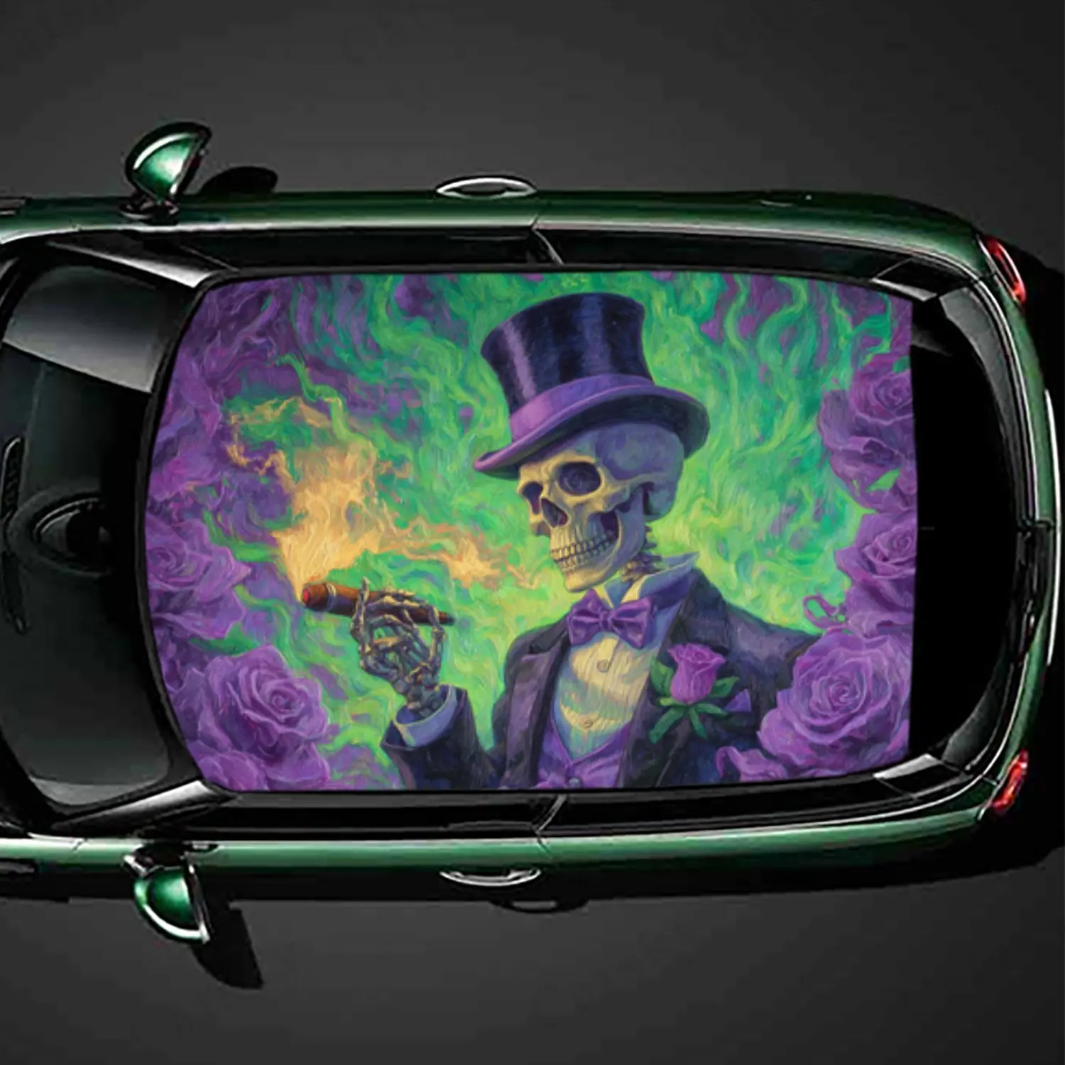 

Наклейка на крышу автомобиля с курящим черепом и фиолетово-зеленым пламенем, виниловая наклейка на крышу автомобиля, самоклеящаяся водонепроницаемая внешняя наклейка автомобиля, Un