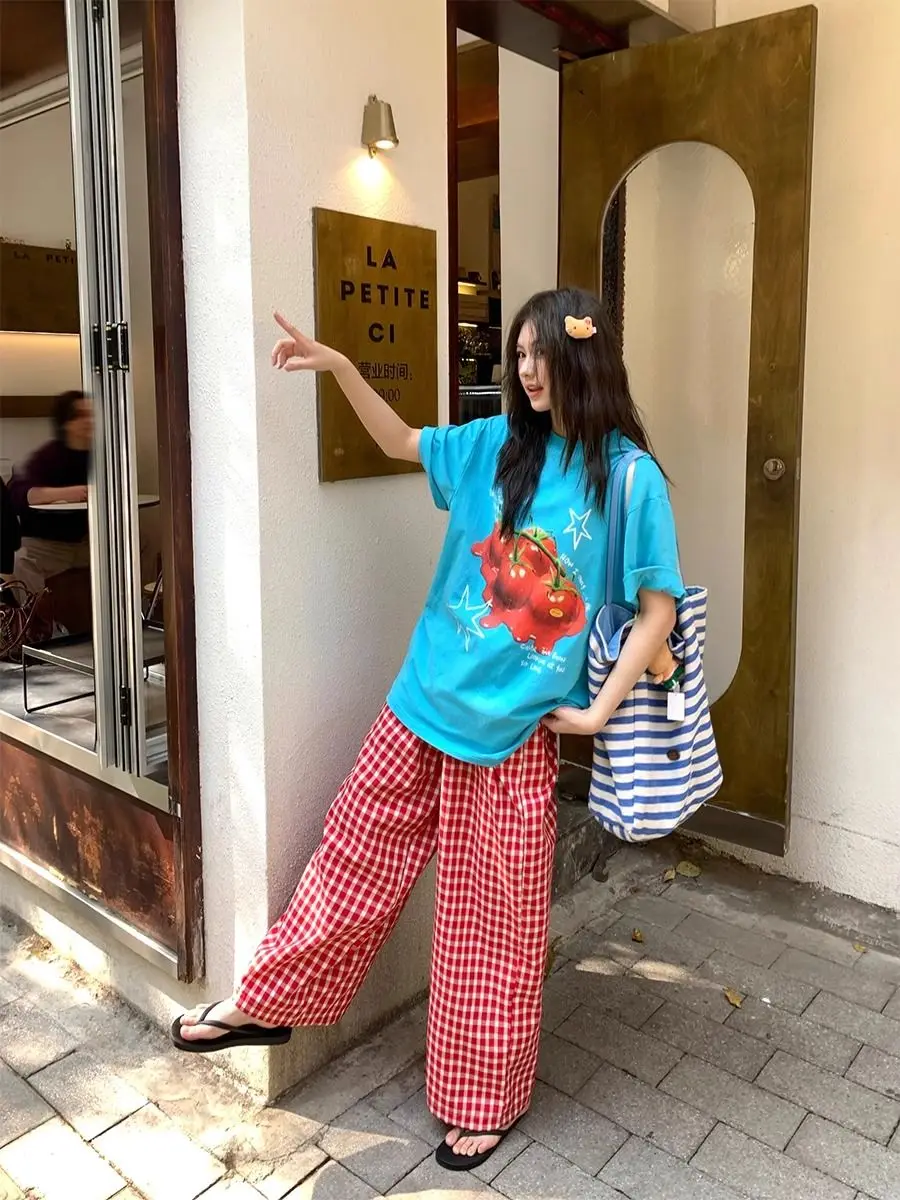 Onalippa American Tomato Print Lake Blue Short Sleeved T-shirt Women Summer 2026 New Loose Versatile Slimming Top Ins view 6