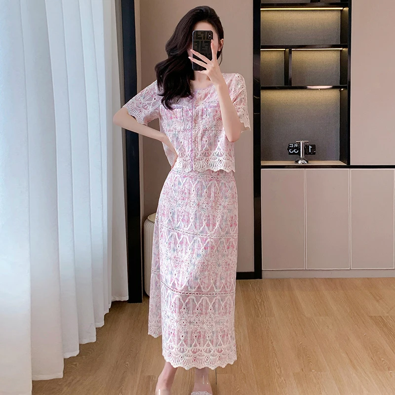 High Quality Summer Floral Embroidery Two Piece Sets Women Suits Elegant OL O Neck Shirt Mid Skirts 2 Piece Outfits Female