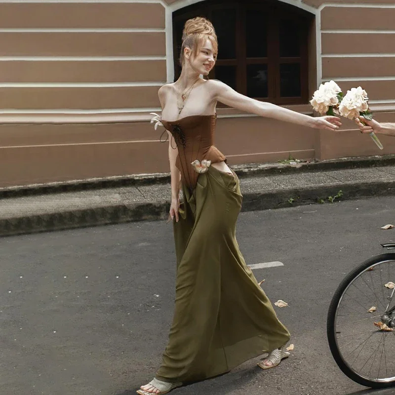 WhereMery Vintage Off Shoulder Sleeveless Long Dresses Sexy Women's Sheath Lace up A-Line Dress Elegant Summer for 2025 Vestidos