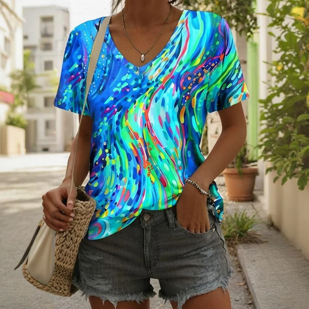 

Colorful Ladies V-Neck T-Shirt Colorful Gradient 3D Printing Summer Outdoor Casual Short Sleeve Tops OverSize Women's Clothing