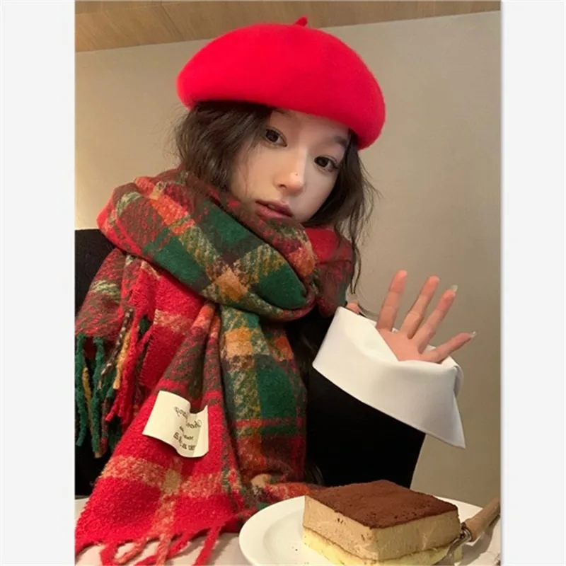 Christmas Scarf Winter Warm Women's Korean Edition Versatile Trendy New Year Companion Gift Red Joyful Tassel Checkered Scarf