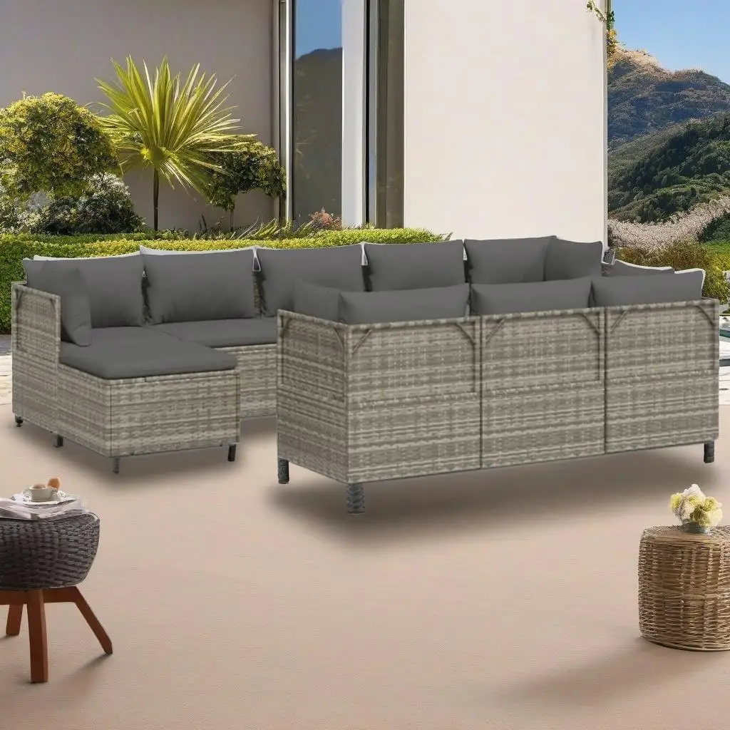 10-Piece Gray Poly Rattan Patio Lounge Set with Cushions - Outdoor Furniture