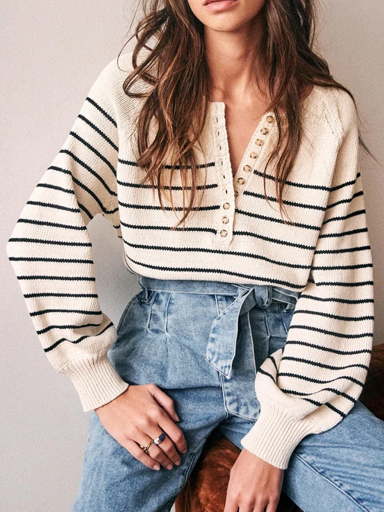 French Style Sweater Pullover for Women Black Blue Striped Long SleeveKnit Buttoned Round Neck Autumn Winter Ladies Top Knitwear