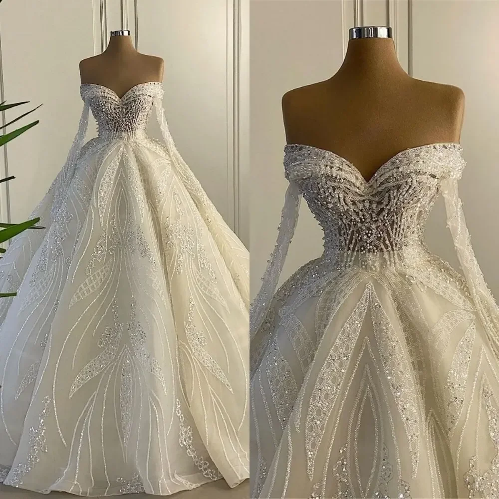 Customized Off Shoulder Wedding Dresses Pearls Beaded Bridal Gowns Long Sleeves Romantic Lace Bride Dresses Vestidos De Novia
