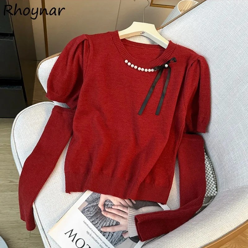 

Pullovers Women Autumn Female Elegant Beading Bow Trendy Fashion With Cuffs Sweater Tender Age-reducing All-match Casual Chic