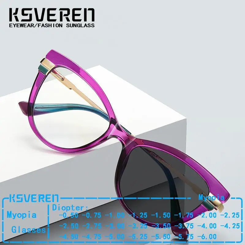 

KSVEREN Cat Eye Photochromic Myopia Glasses Ladies Metal Spring Leg Nearsighted Eyelasses 0 -0.5 -1.75 -2.25 -3.25 -4.5 -6.0