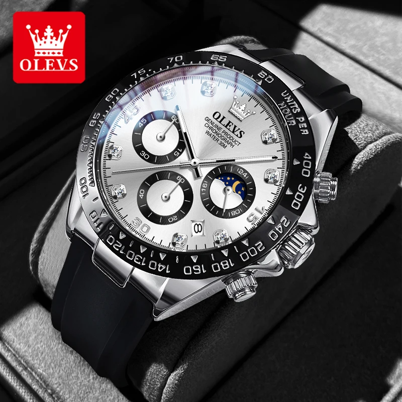 OLEVS 2875 TOP Brand Women\'s Watches Comfortable Rubber Strap Moon Phase Multifunctional Watch for Men